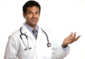 photo friendly male doctor white coat gesturing towards invisible object with smile 1325814 13730
